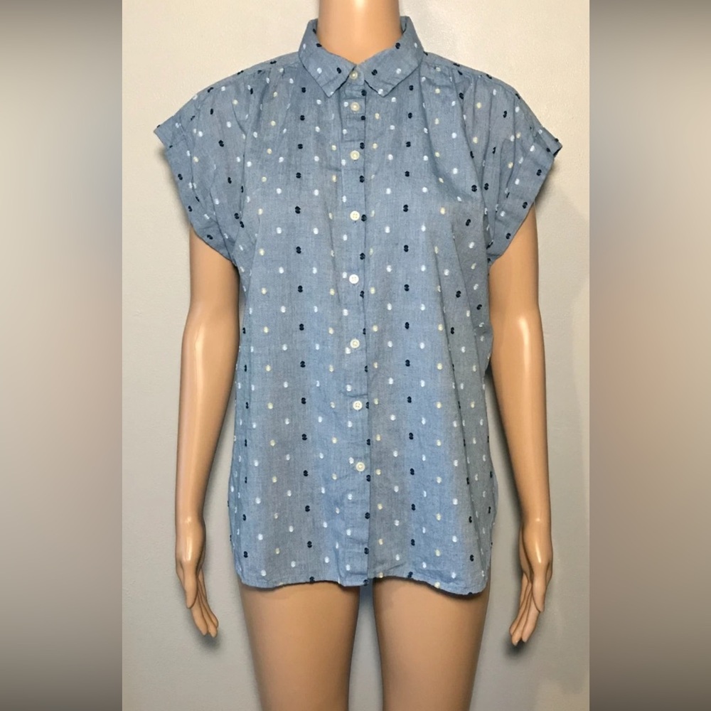 Loft Women's Shirt SizeS Chambray Embroidered Cap Sleeve 100% Cotton Button Down